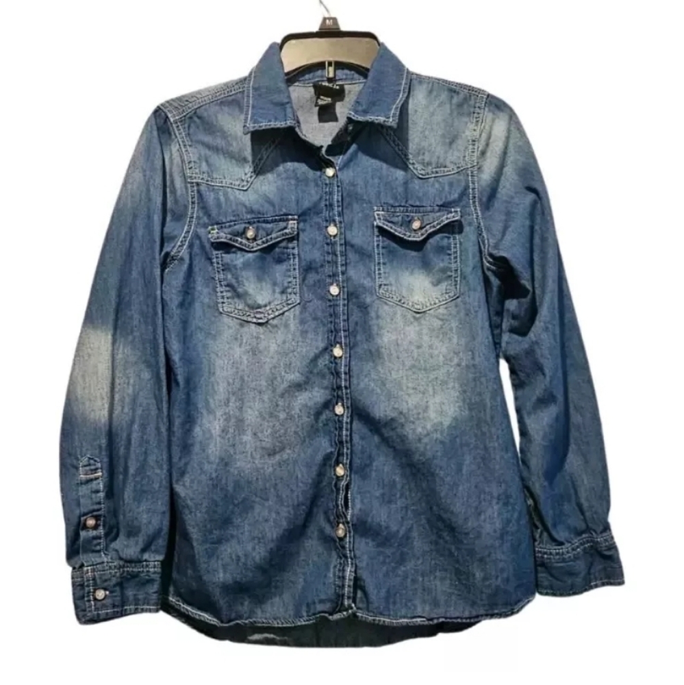 Rue 21 Womens Juniors Button Down Jean Shirt Top Long Sleeve Size Medium